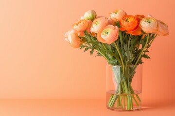 Obraz premium ranunculuses bouquet in a glass vase on an orange solid color background