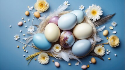 Easter eggs on blue pastel background