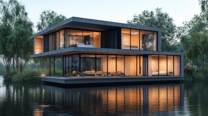 A floating modular home with cubic design, ultra-modern aesthetics