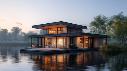 Obraz premium A floating modular home with cubic design, ultra-modern aesthetics