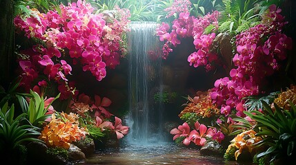 Stunning orchid waterfall garden with vibrant flowers high resolution image