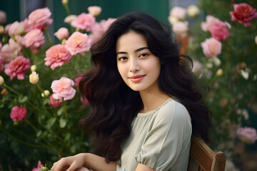 Naklejka premium Portrait of beautiful young brunette woman Beautiful young asian woman with long black hair with clean fresh skin on white background, Face care, Facial treatment, Cosmetology, beauty and spa