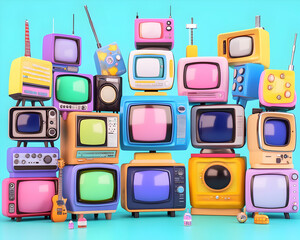 Retro televisions, stacked high in a vibrant display of colorful vintage electronics