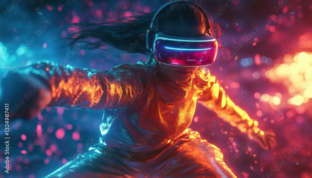 Poster experience virtual reality in a futuristic setting with a woman wearing a high-tech headset during a