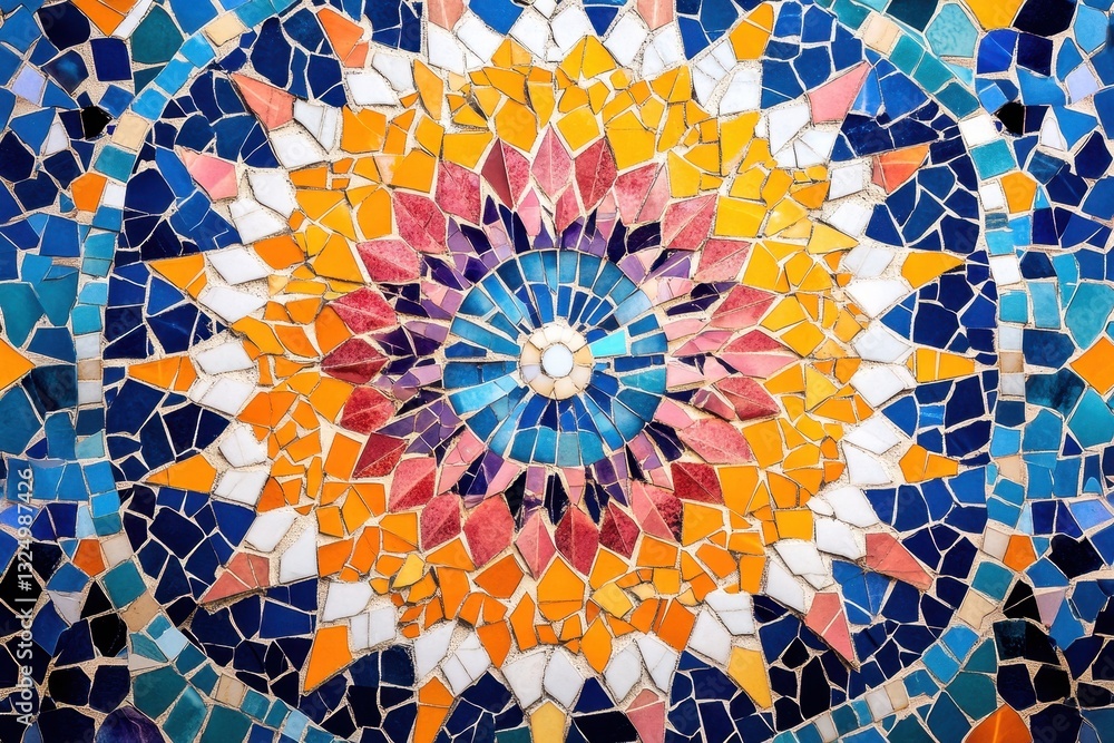 Poster colorful mosaic artwork featuring various shades and shapes created with glass pieces, showcasing ar