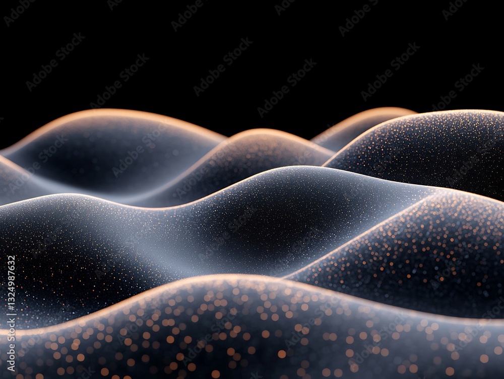 Poster abstract undulating planes with glowing particles on a dark background