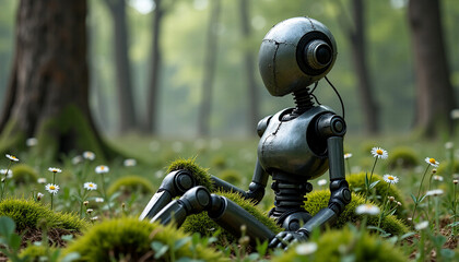 Abandoned robot in the forest. Surreal AI-image
