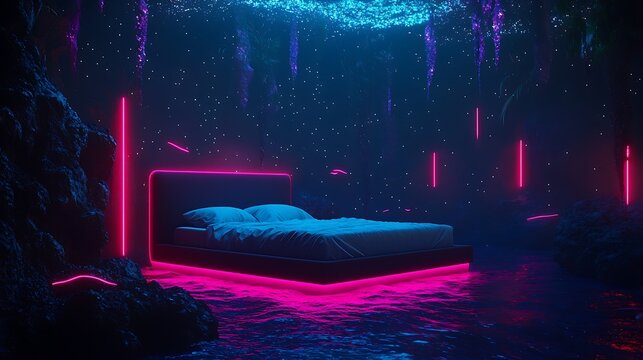Surreal Underwater Bedroom with Neon Lights