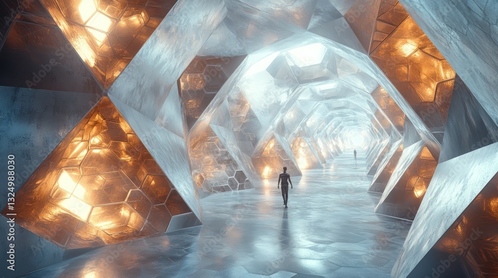 Poster a futuristic hexagonal mesh pattern with reflective surfaces