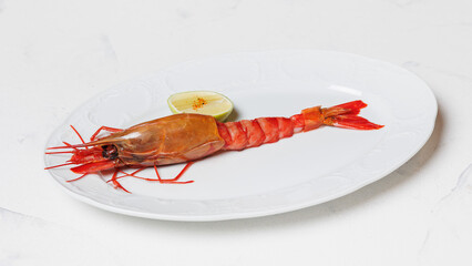 Langoustine with a lemon wedge, Norwegian lobster on a large white plate.
