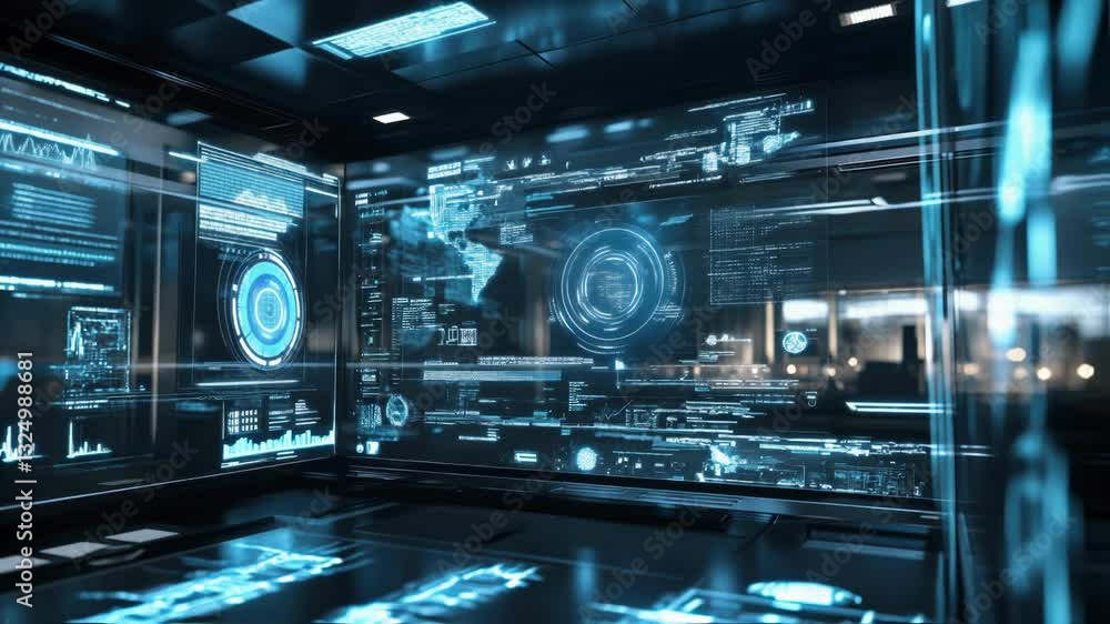 Poster high tech control room featuring vibrant data streams flowing across transparent screens, revealing 
