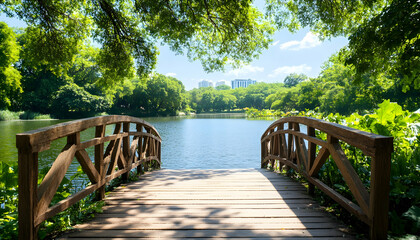 Serene wooden bridge over a tranquil lake in a lush park