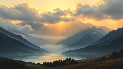 Obraz premium Golden Hour Sunrise Over Misty Mountain Lake