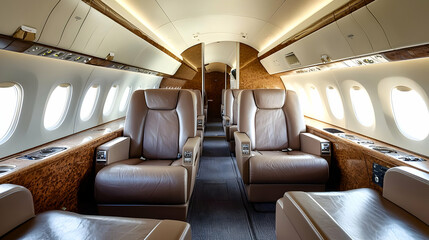 Luxurious Airplane Interior Featuring Beige Leather Seats Wooden Wall Panels and Overhead Compartments with Bright Natural Light Through Windows