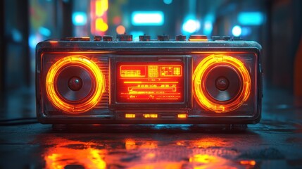 A futuristic yet retro boombox with bright neon accents