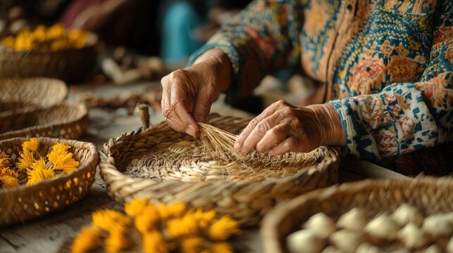 An engaging photo of artisanal workshops, featuring participants learning traditional crafts such as weaving, pottery, and jewelry making under the guidance of skilled artisans.