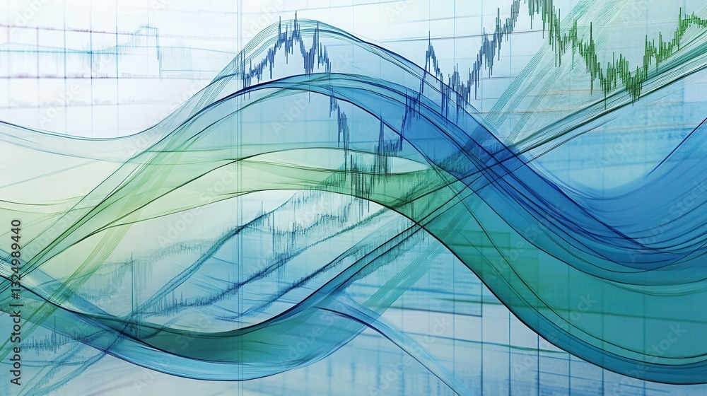 Poster dynamic background features intersecting trend lines and data grids, representing political and econ
