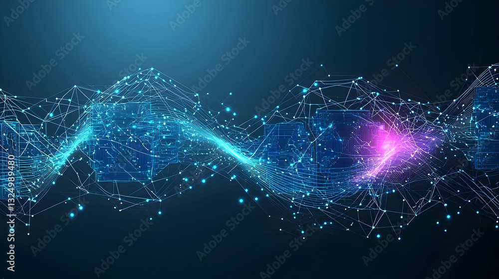Poster abstract digital network flow with blue and purple circuitry structure against dark background