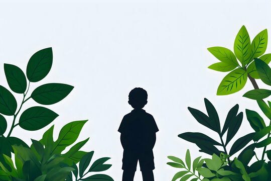 Silhouette of child amidst lush foliage