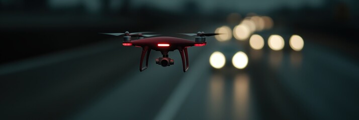 Naklejka premium A sleek drone is captured in flight above a softly blurred cityscape, symbolizing technology and modern innovation in urban environments with a hint of mystery.