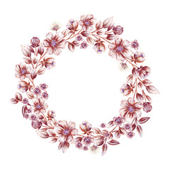 Bright floral wreath in watercolor. Pattern of large brownish and white wild flowers.