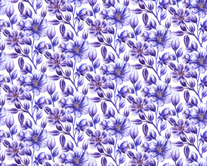 Abstract blooming flowers pattern on white background. Seamless watercolor print, beautiful textured purple and blue shades.