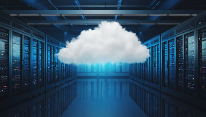 A cloud formation hovers above rows of illuminated servers in a data center filled with advanced technology, showcasing the fusion of digital and physical infrastructure