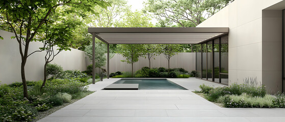 Modern Minimalist Courtyard With Grey Tiled Pool Pergola And Lush Green Landscaping On A Bright Day