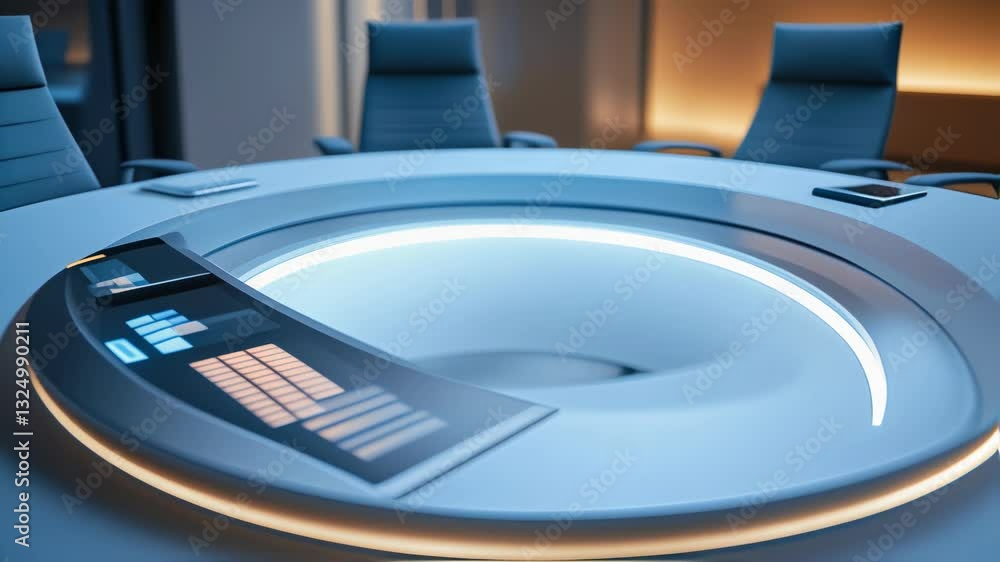 Aufkleber futuristic circular table with integrated controls glowing and changing colors in a modern meeting r