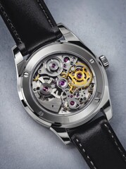 Close-up view reveals a detailed mechanical watch showcasing intricate gears and jewels, highlighting precision engineering with a sleek black leather strap