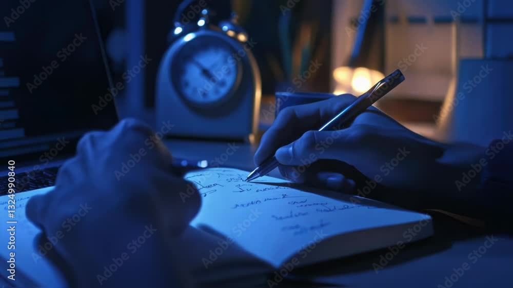 Poster illuminated by the soft glow of a desk lamp, a person meticulously writes in a notebook, capturing t