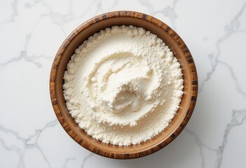 Almond Flour in a Wooden Bowl on Marble Background, Top View