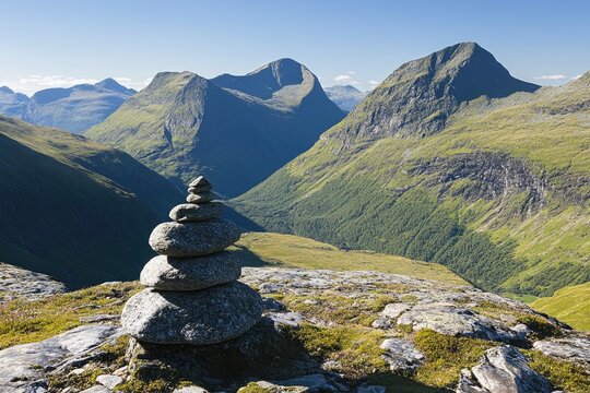Mountain landscape with stone cairn