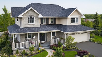 A detailed aerial shot of a house with a charcoal grey shingle roof, soft beige stone exterior, and white trim