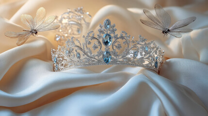 A beautifully ornate platinum diadem with intricate filigree work and embedded aquamarine stones, resting on a bed of pure white silk. Elegant dragonflies with iridescent wings flutter around, catch