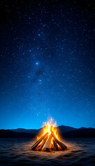 Starry night campfire in the desert