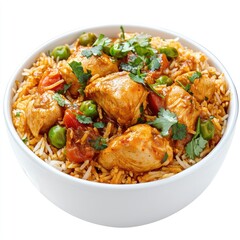 Fototapeta premium Delicious Chicken Curry with Rice and Vegetables in a White Bowl Isolated