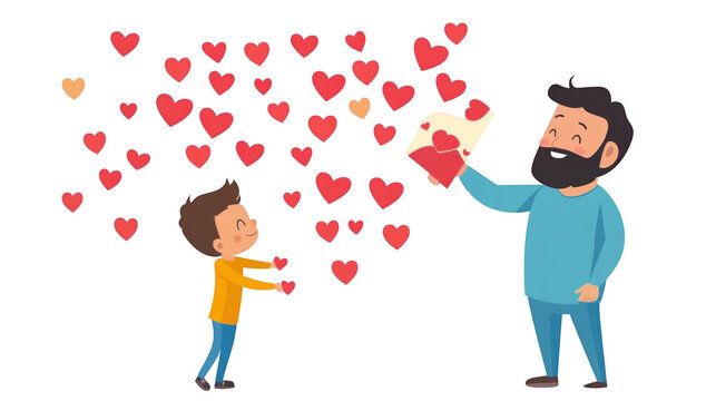 World Father’s Day PNG file transparent background – Flat vector of a dad receiving a card with hearts
