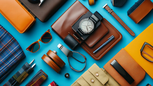 A stylish collection of men's accessories arranged on a colorful background