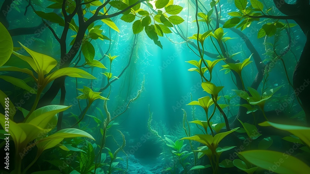 Poster serene underwater scene with vibrant plants and soft light filtering through, creating a tranquil aq