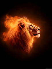 Fierce lion head, bathed in orange-red glow