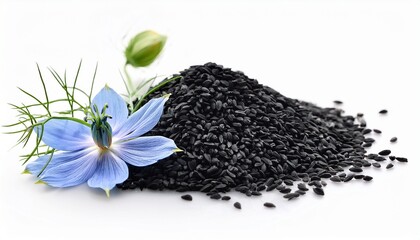 black cumin seeds with nigella sativa flower on white background
