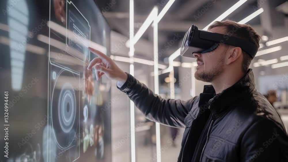 Poster software developer wearing virtual reality headset interacts with futuristic transparent display, to