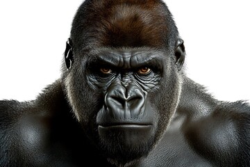 Gorilla with Intense Stare on White Background, Portrait