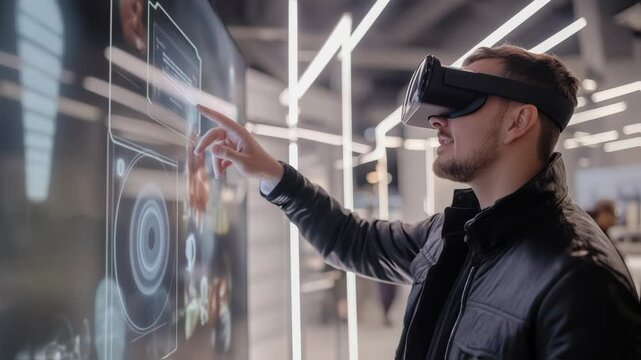 Software developer wearing virtual reality headset interacts with futuristic transparent display, touching icons and browsing holographic interface in modern office