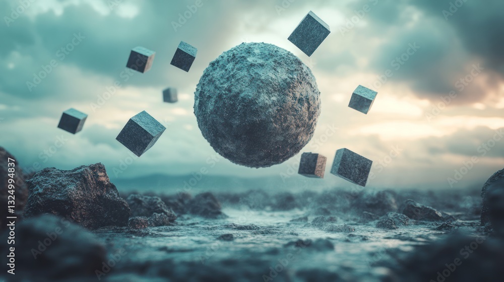 Poster a minimalist floating sphere with sharp-edged cubes orbiting around