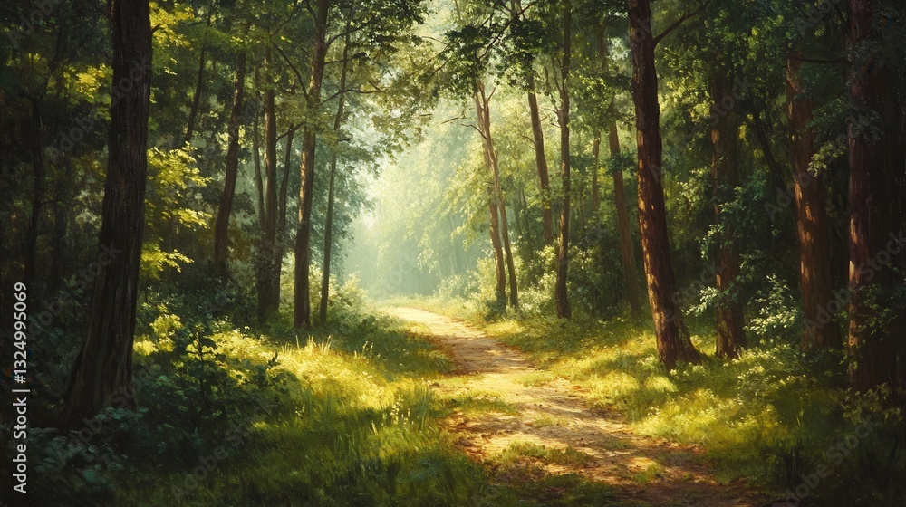 Aufkleber Forest path inviting exploration with sunlight filtering through lush trees in a tranquil setting