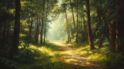 Naklejka premium Forest path inviting exploration with sunlight filtering through lush trees in a tranquil setting