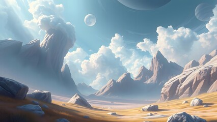 Surreal fantasy landscape depicting an alien planet with majestic mountains and colorful clouds under a vibrant sky.  