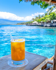 Tropical beach drink, vibrant turquoise water, sunny day
